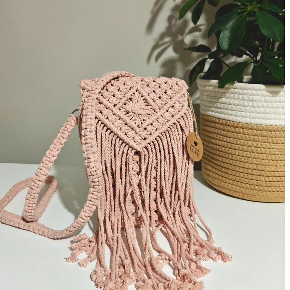 Pink Boho Crochet Fringe Crossbody Purse Macrame Festival Hippie Cottagecore Bag